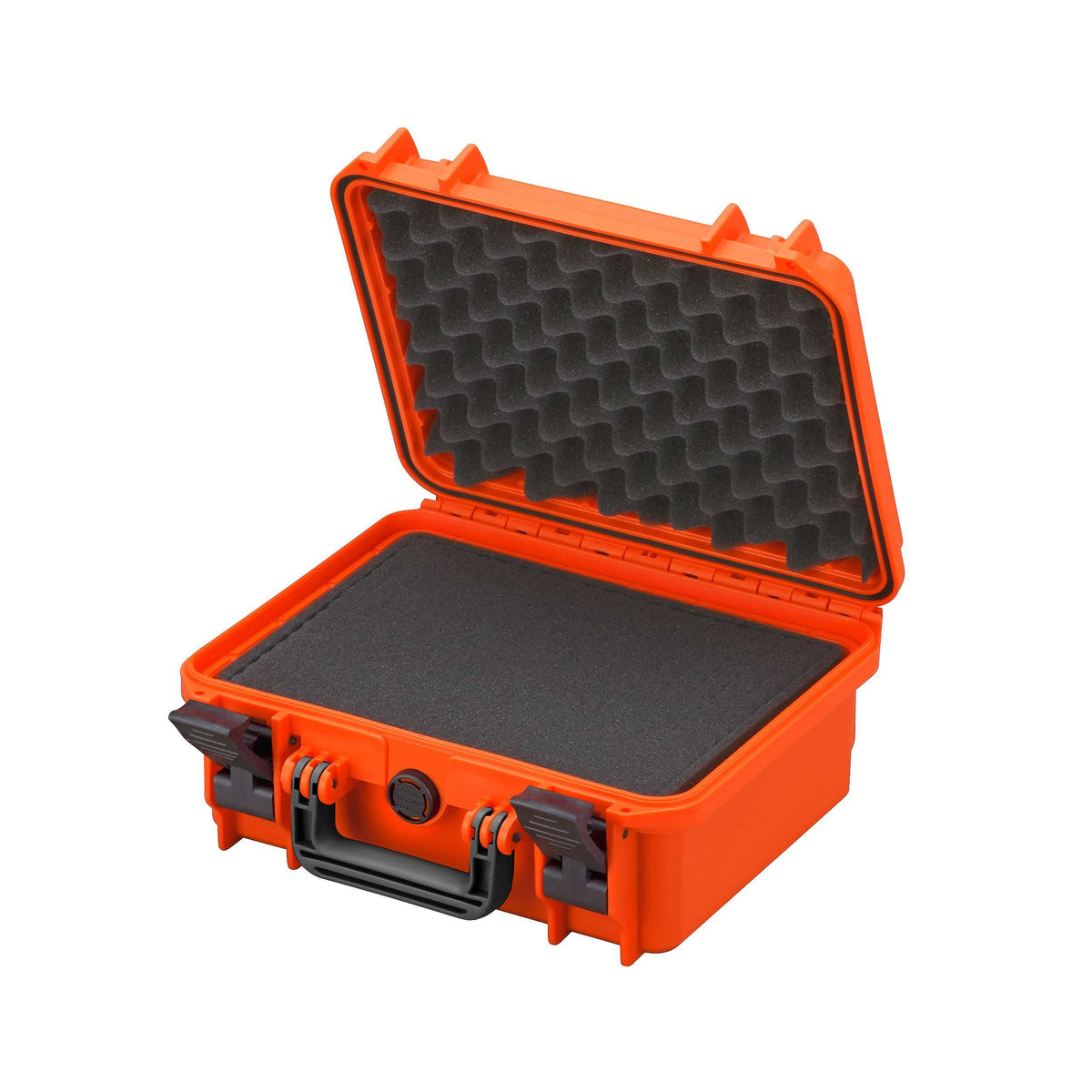 Orange MAX300S open showing convoluted foam in the lid and a full block of cubed foam in the base
