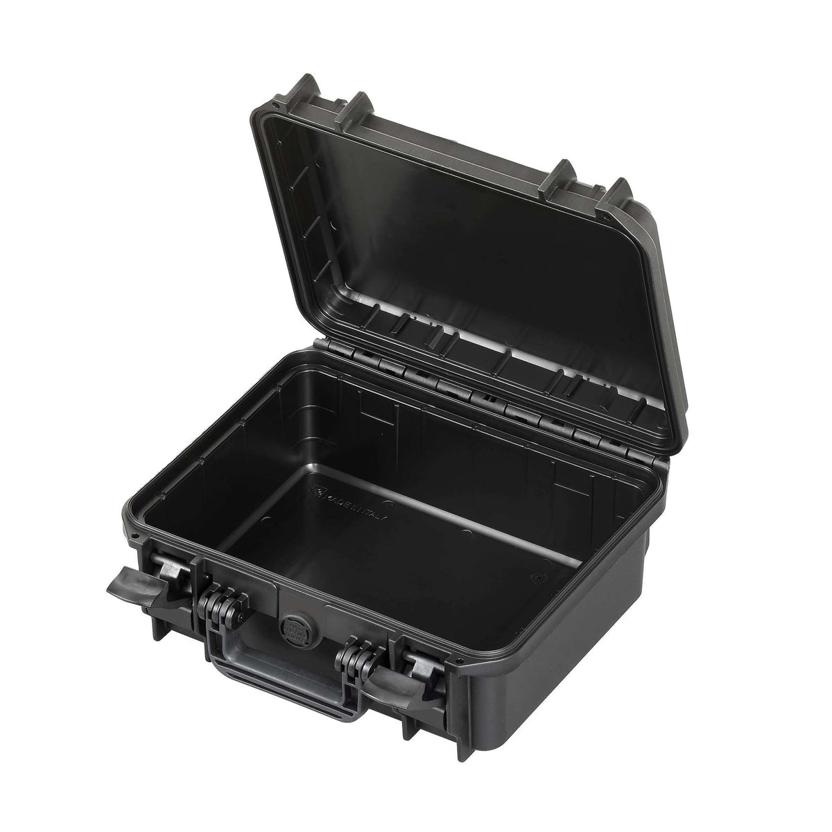Black MAX300 case open with the lid up, empty moulded interior and the lid seal channel visible