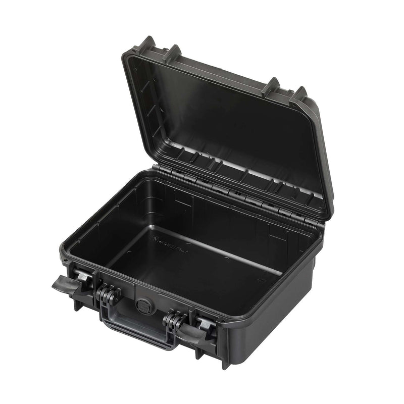 Black MAX300 case open with the lid up, empty moulded interior and the lid seal channel visible