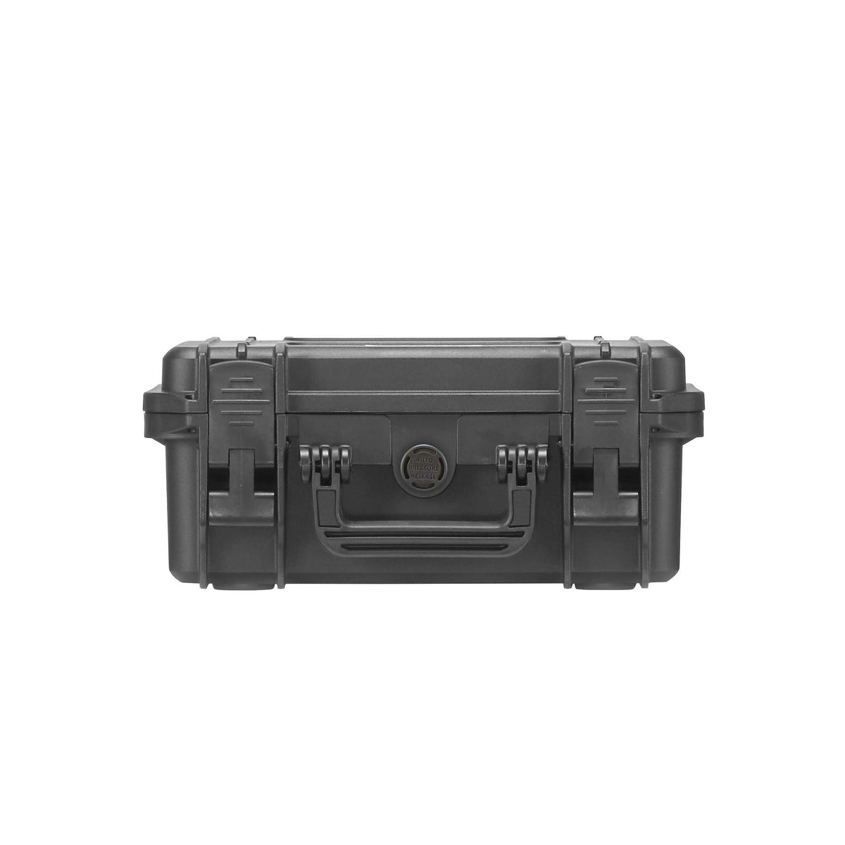 Black MAX300 seen from the latch side, lid edge, twin latches and pressure release valve in view