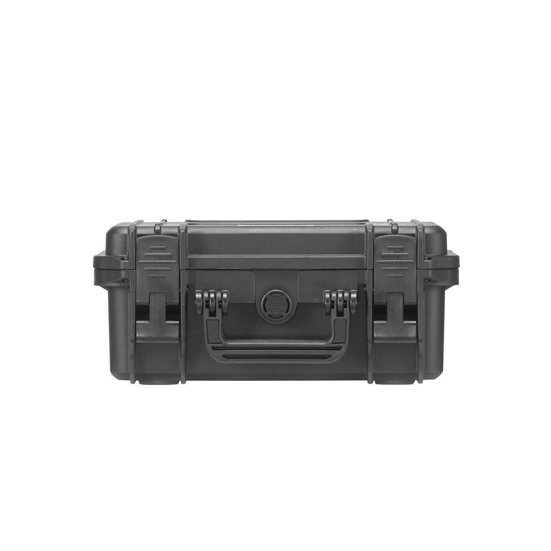 Black MAX300 seen from the latch side, lid edge, twin latches and pressure release valve in view
