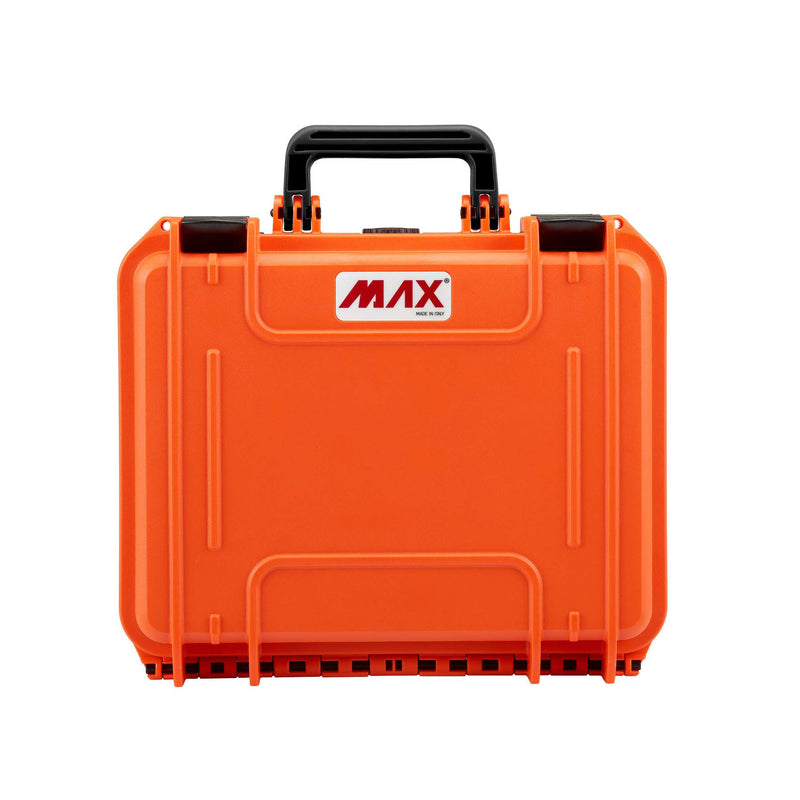 Front view of the orange MAX300 with handle up and the MAX logo centred on the shell