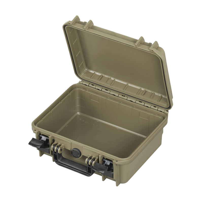 Sahara MAX300 case open, the empty sand-coloured interior and inside of the lid on show