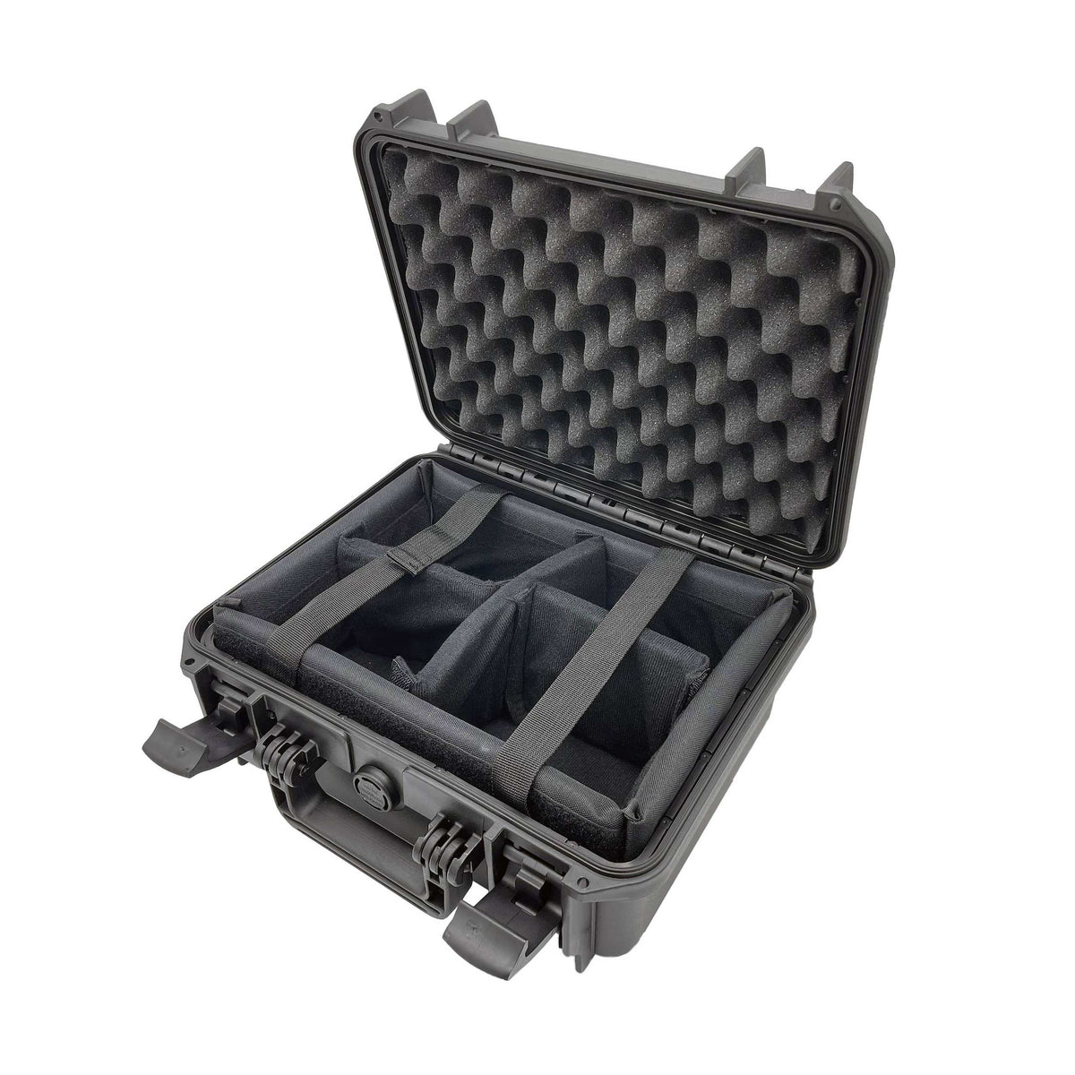 Black MAX300CAM open with egg-crate foam in the lid and a grey padded divider insert split into compartments