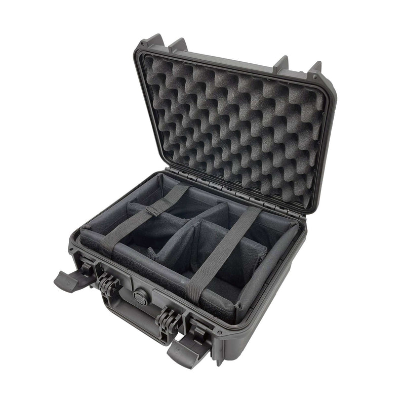 Black MAX300CAM open with egg-crate foam in the lid and a grey padded divider insert split into compartments