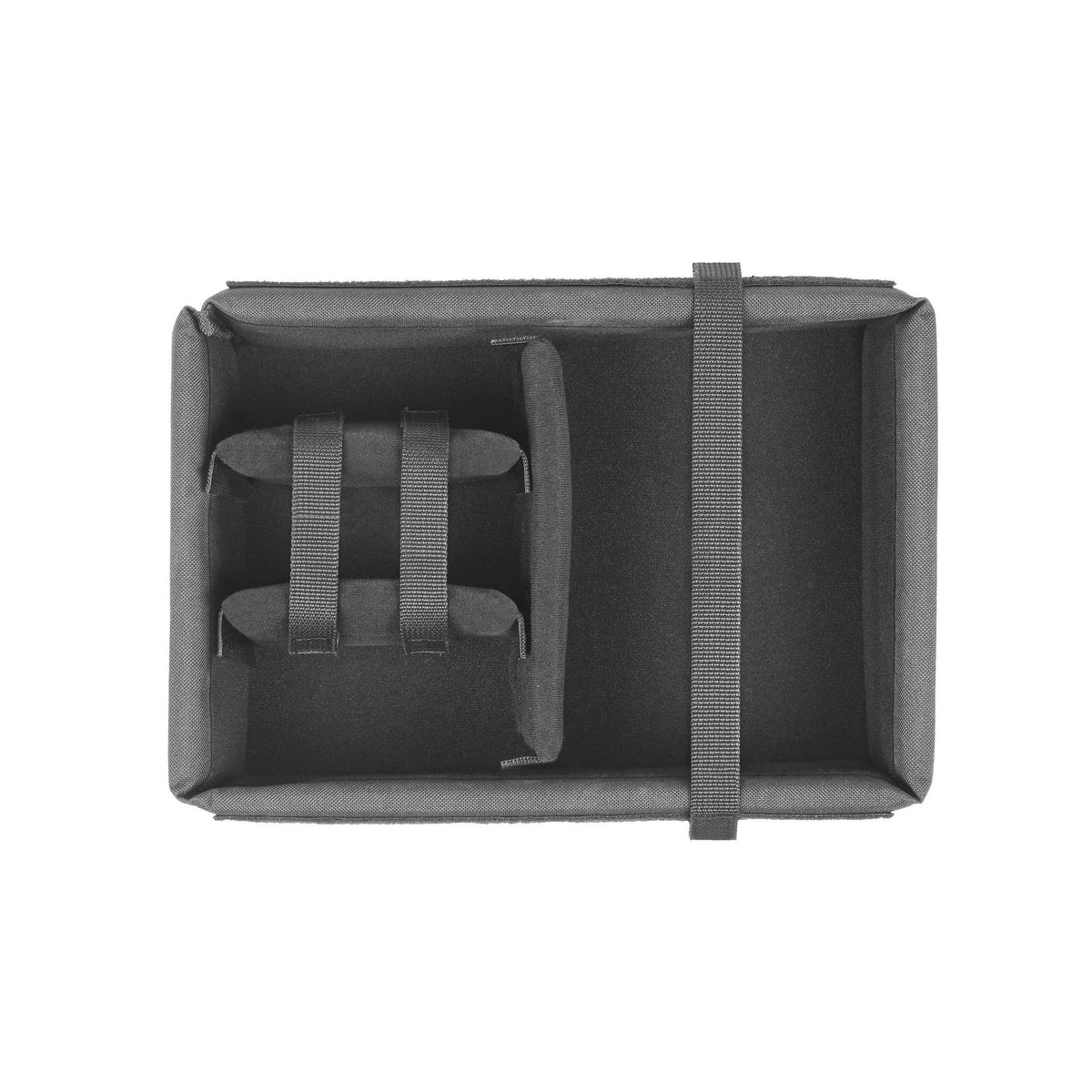 Top-down view of the INT300CAM padded tray showing a long compartment and a section with two strap loops