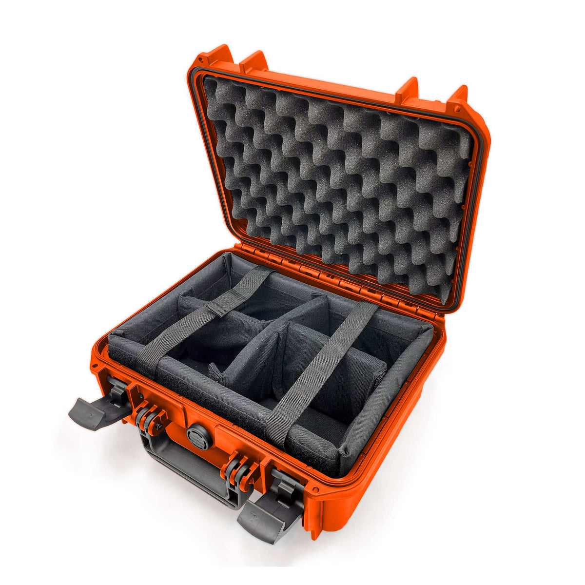 Orange MAX300CAM open: convoluted foam in the lid and a grey padded insert with hook and loop dividers in the base