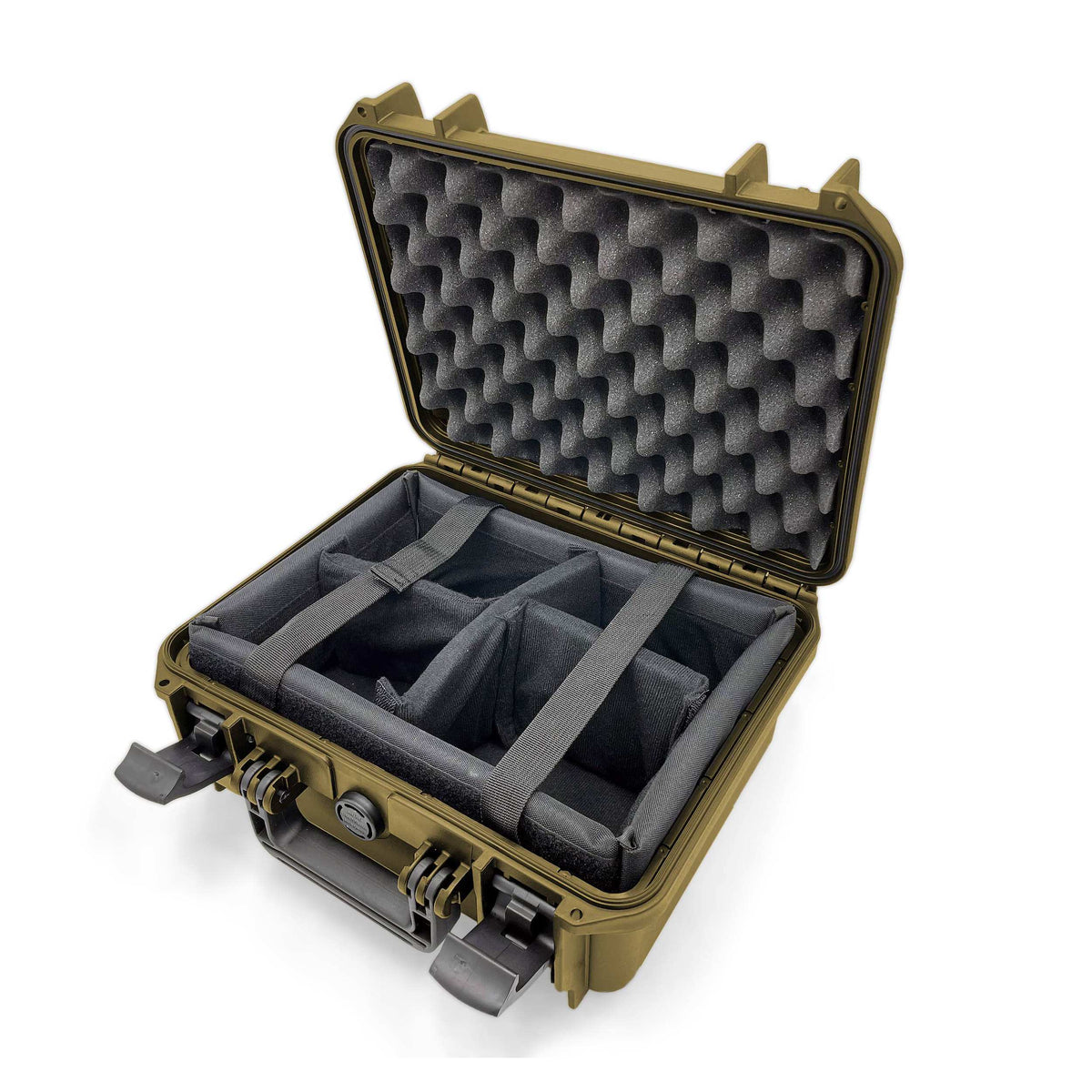 Sahara MAX300CAM open, convoluted foam in the lid and a grey padded insert with hook and loop dividers