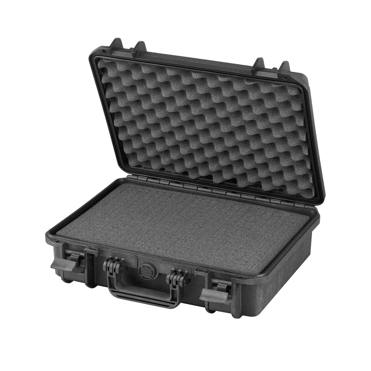 Open black MAX380H115S with grey cubed pick and pluck foam in the base and an egg crate foam pad in the lid