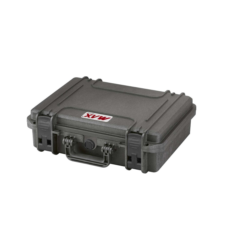 Shallow black MAX380H115 case lying flat at an angle, showing the low profile, front latches and fold-down handle
