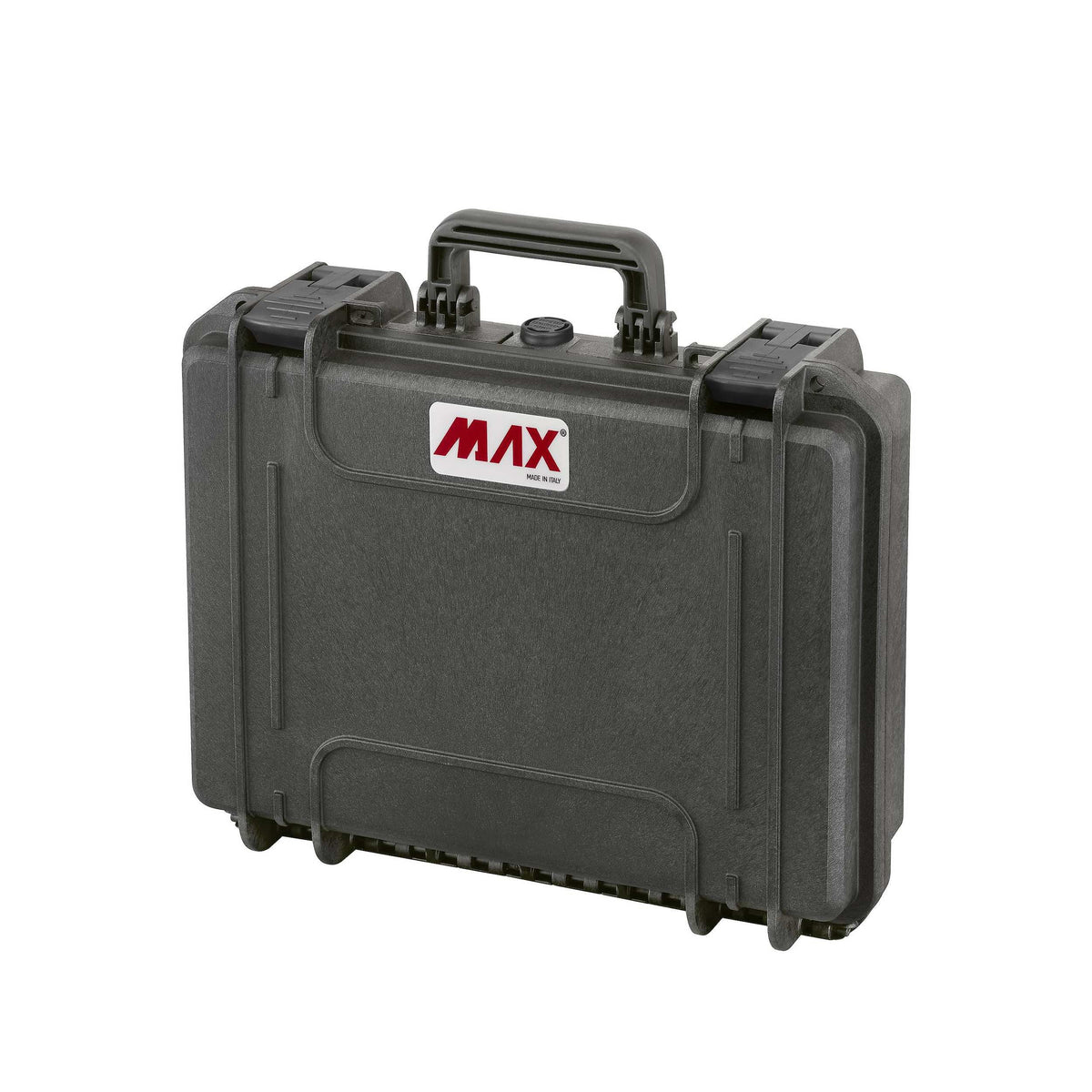 Black Panaro MAX380H115 case closed and standing upright, handle raised and the MAX logo on the side