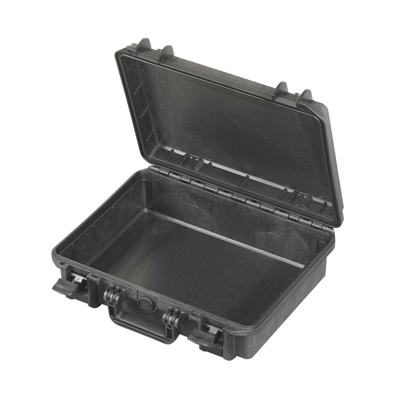 Black MAX380H115 open with the lid back, wide shallow empty interior and the lid seal groove