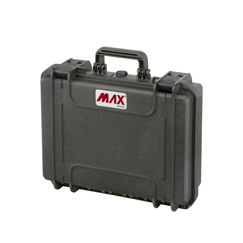 Black Panaro MAX380H115 watertight case standing closed, handle raised and MAX logo on the shell