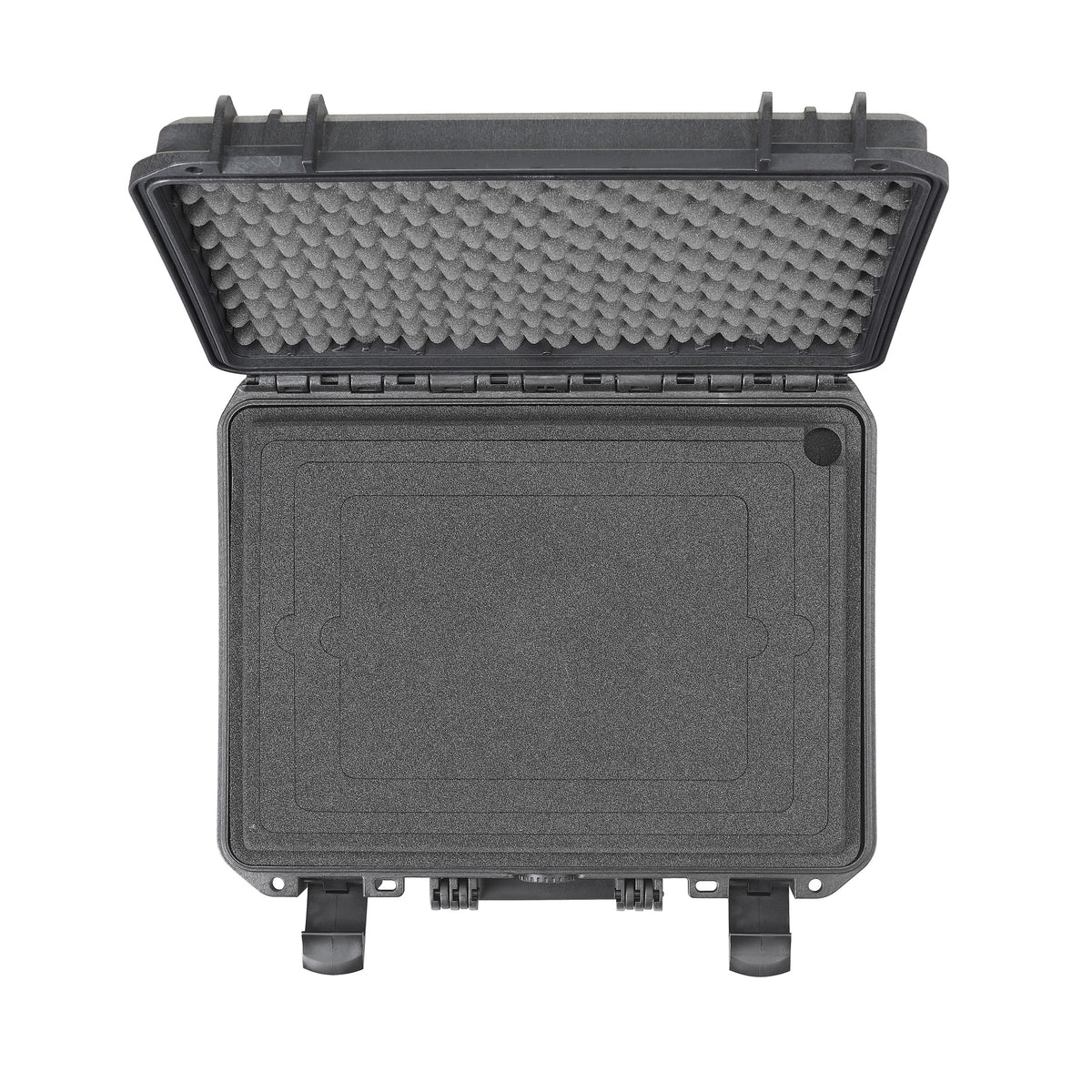 Open black Panaro MAX380H115 from above showing the empty laptop holder panel with its recess outlines and corner finger hole