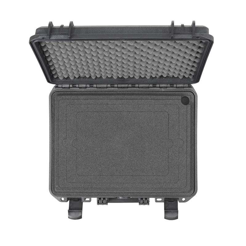 Open black Panaro MAX380H115 from above showing the empty laptop holder panel with its recess outlines and corner finger hole