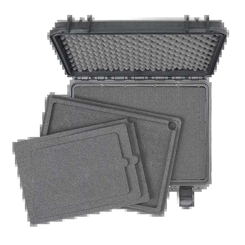 Panaro MAX380H115 laptop configuration: lid with convoluted foam, cubed foam base and two grey foam frame trays lifted out in front