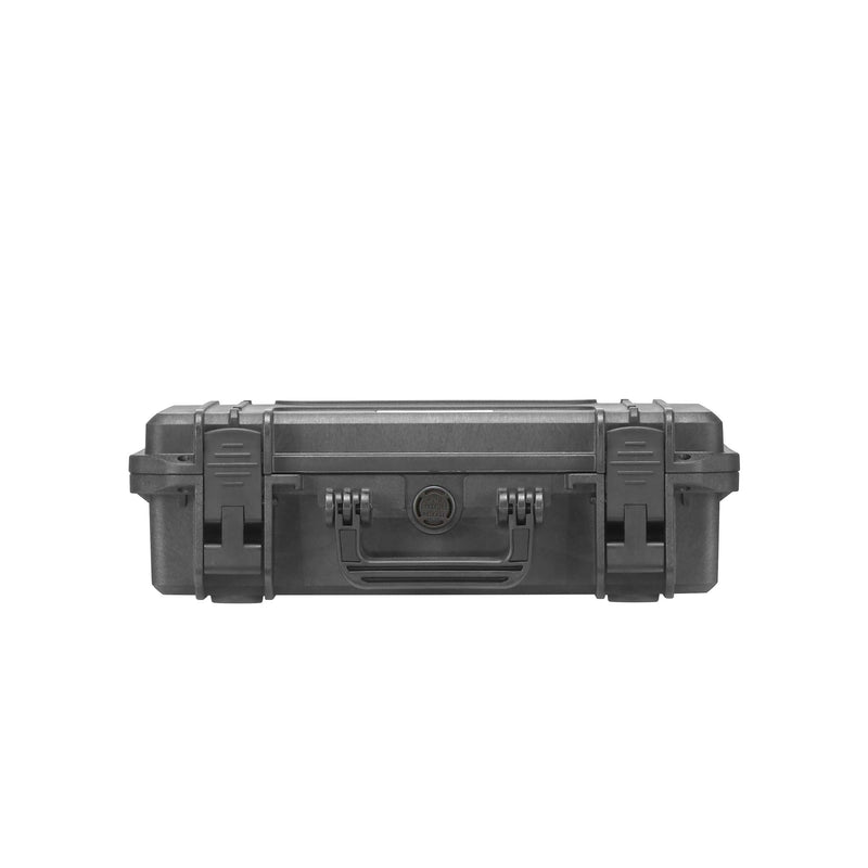Front edge of the black MAX380H115: two latches, handle and pressure release valve