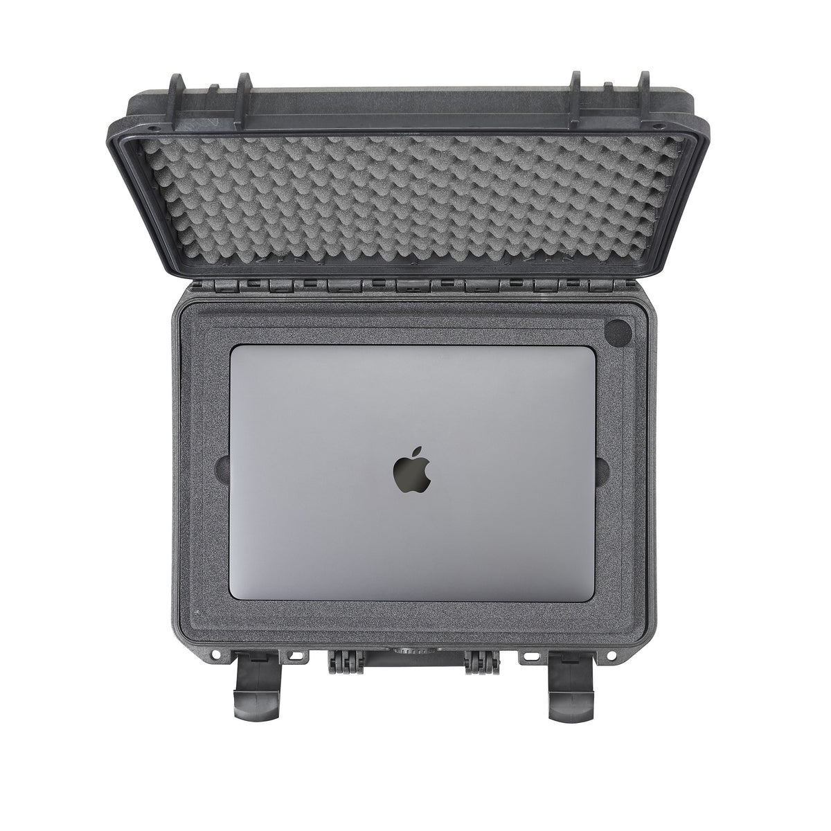 Open black Panaro MAX380H115 from above with a 13 inch laptop in the foam laptop holder, recess visible around it
