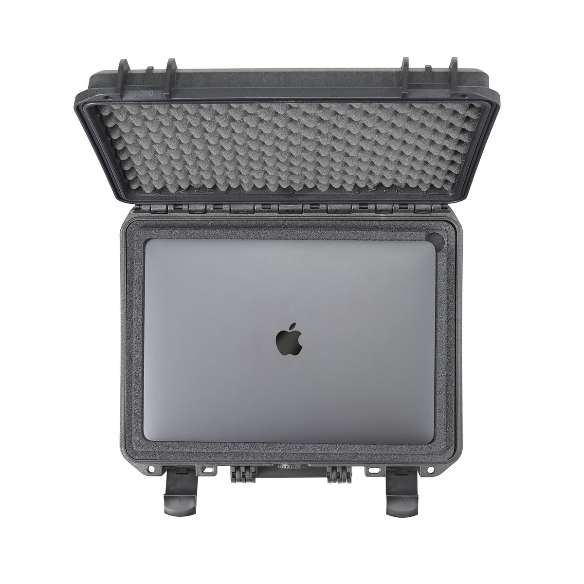 Open black Panaro MAX380H115 from above with a 15 inch laptop filling the recess of the foam laptop holder