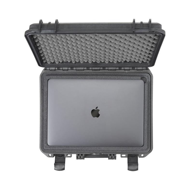 Open black Panaro MAX380H115 from above with a 15 inch laptop filling the recess of the foam laptop holder