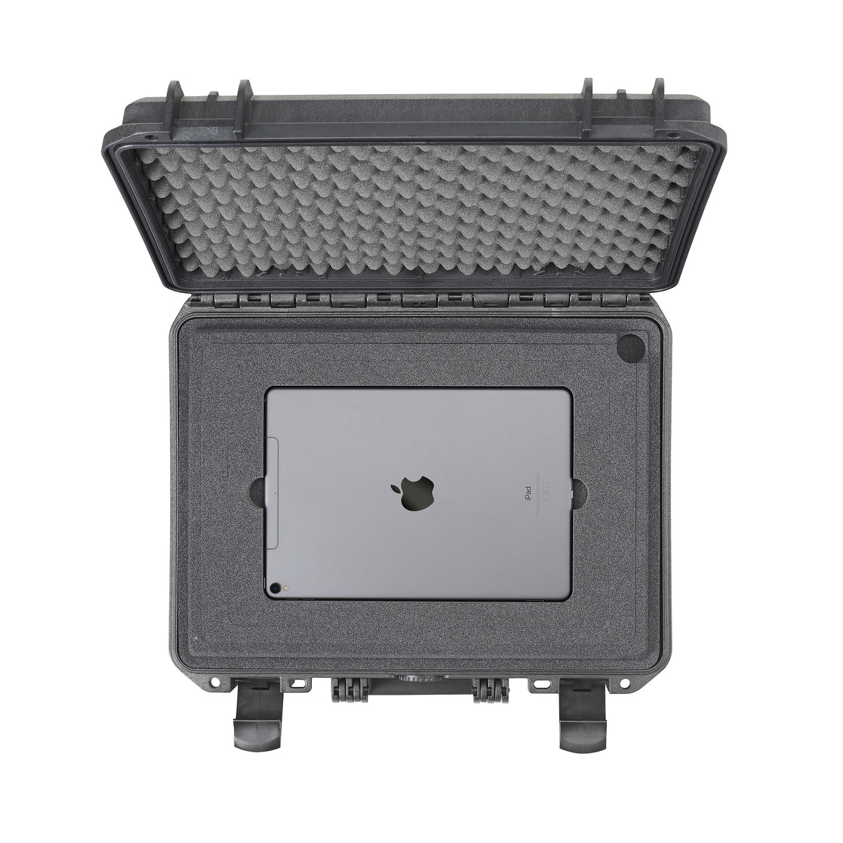 Open black Panaro MAX380H115 from above with a tablet held in the cut-out of the foam laptop holder