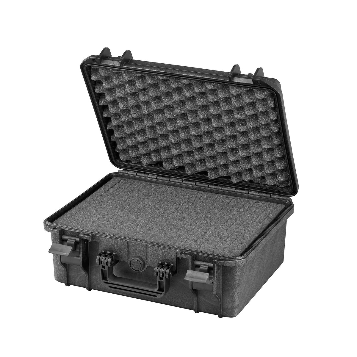 Open black MAX380H160S showing grey cubed pick and pluck foam in the deep base and egg crate foam in the lid