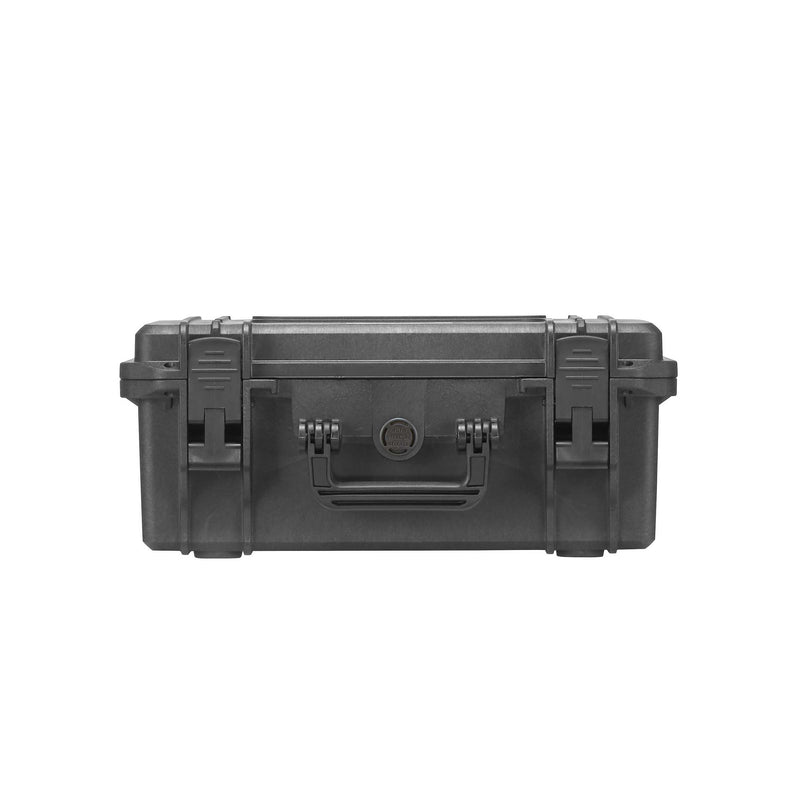 Front of the closed black MAX380H160 showing both latches, the handle and the pressure release valve