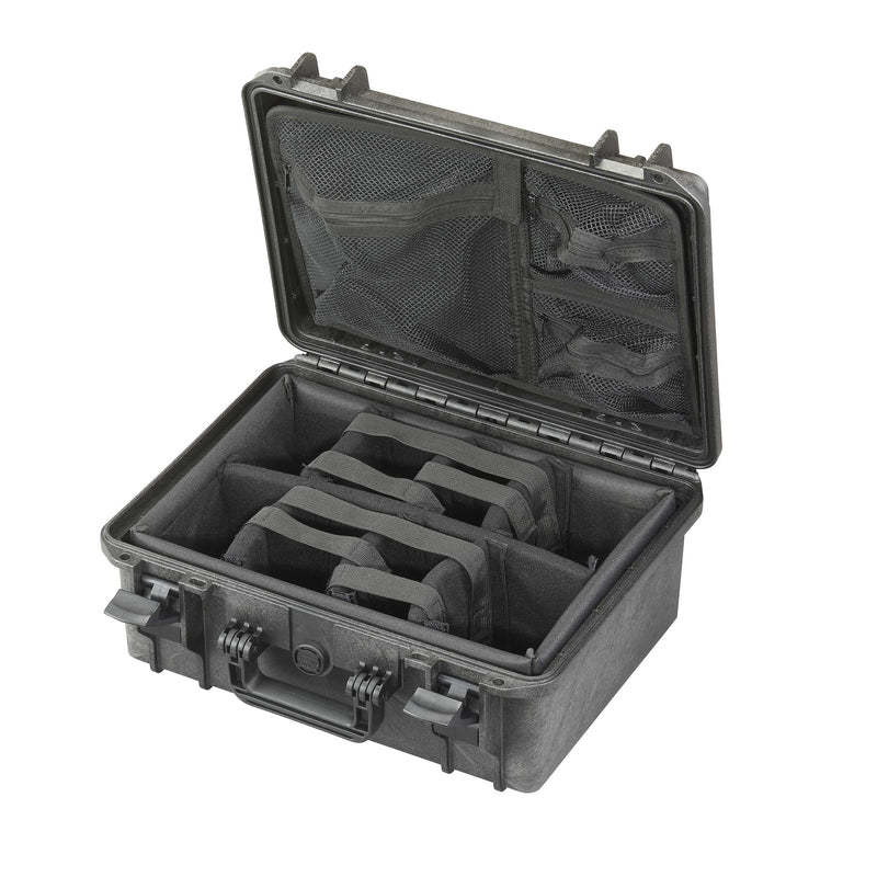 Open MAX380H160CAMORG with a grey padded divider tray in the base and a black mesh zip pocket organiser in the lid