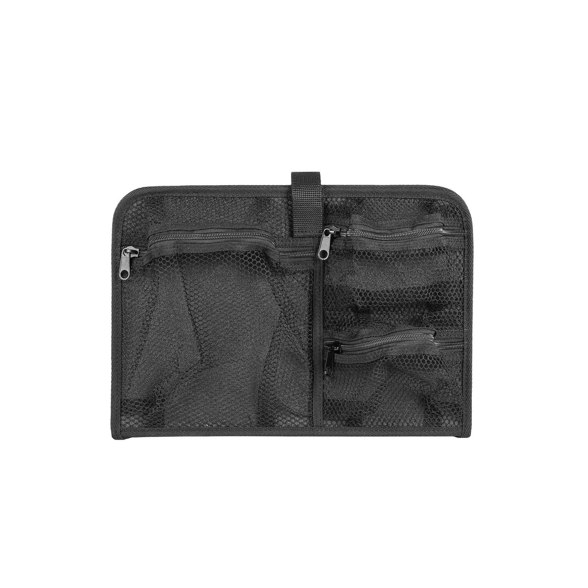 Front view of the MAX380 lid organiser showing the centre strap, mesh panels and zip pulls
