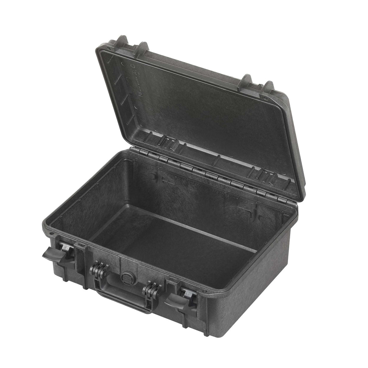 Open empty MAX380H160 showing the bare black moulded interior, the lid seal channel and both hinged halves