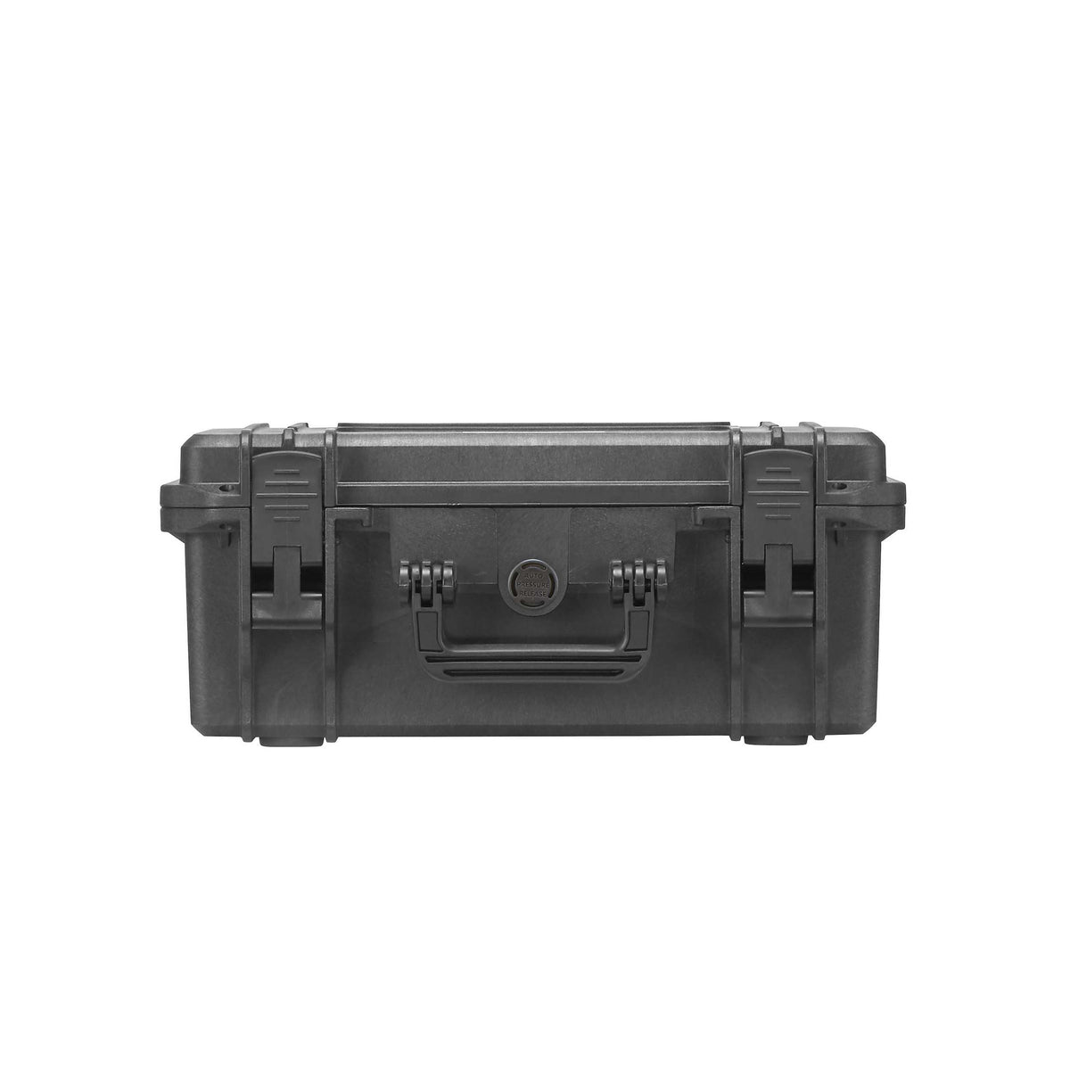Straight-on front view of the closed black MAX380H160 with two latches, centre handle and pressure valve
