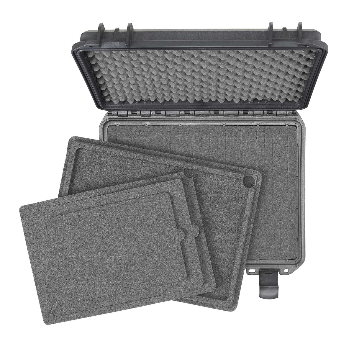 Open black MAX380 with the layered foam laptop panels lifted out, showing cubed foam below and egg crate foam in the lid