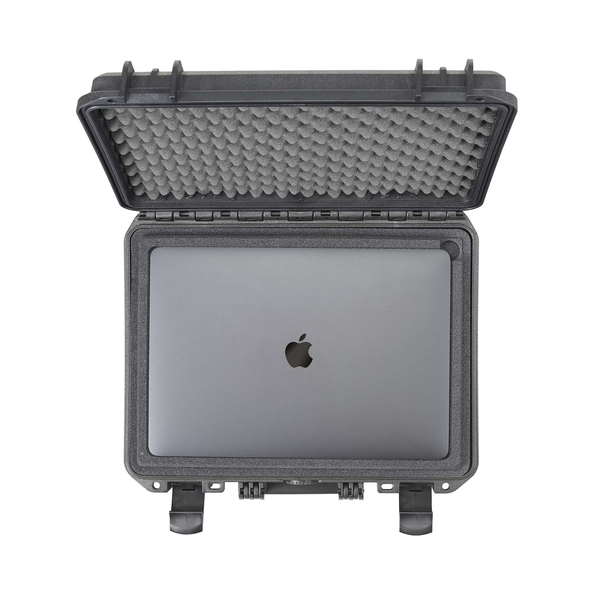 Open black MAX380 from above with a silver laptop resting in the recessed tray of the foam holder panel