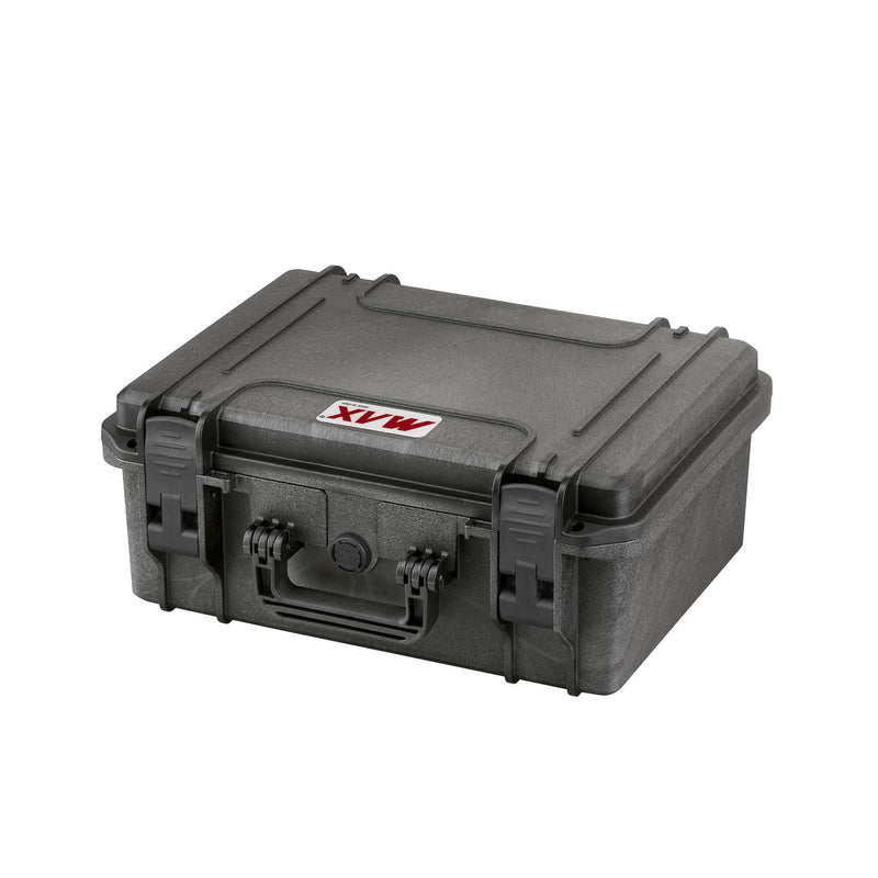 Closed black MAX380H160 lying at an angle, showing the deep shell and front latches