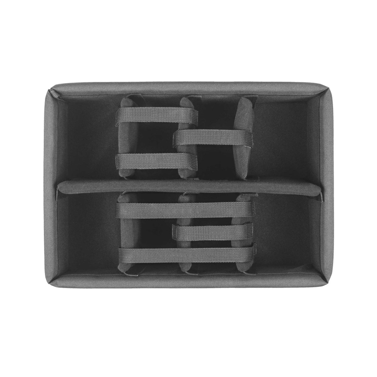 Top view of the MAX380H160 padded divider tray showing the bay layout and the tabs that hold each partition