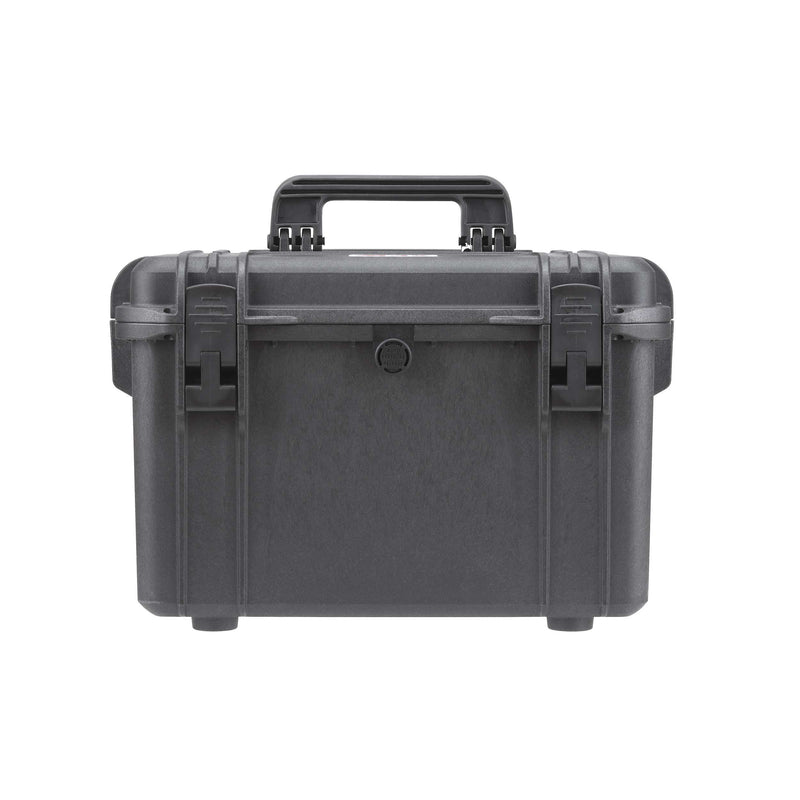 Front view of the closed black MAX400 with both latches, lid handle and pressure valve