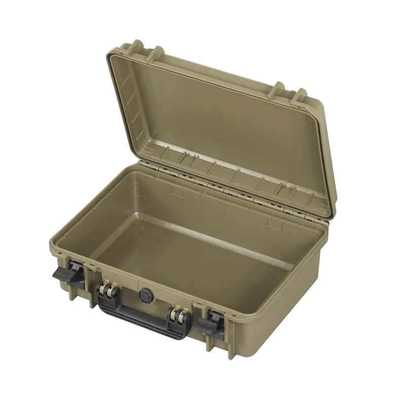 Panaro MAX430CAMORG waterproof case in sahara, open or detail view of the interior configuration