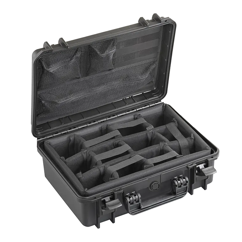 Panaro MAX430CAM waterproof case in black, open or detail view of the interior configuration