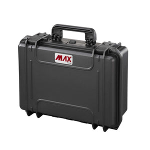 Panaro MAX430 waterproof case in black, closed, three quarter view with carry handle, two latches and the red MAX logo on the lid