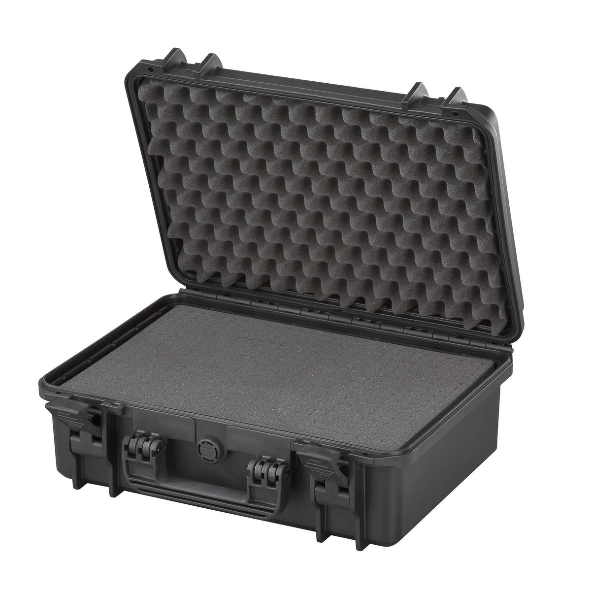 Black MAX430S open showing grey cubed pick and pluck foam in the base and convoluted egg-crate foam in the lid