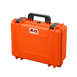 Orange Panaro MAX430 waterproof case closed, three quarter view with black handle, black latches and red MAX logo