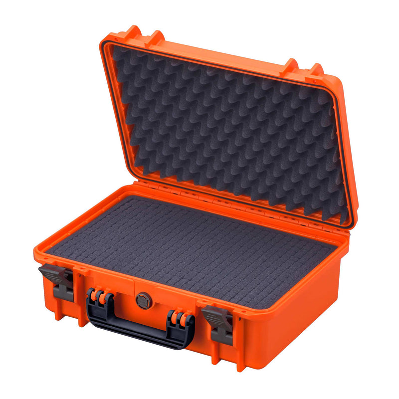 Orange MAX430S open with dark cubed pick and pluck foam in the base and convoluted foam lining the lid