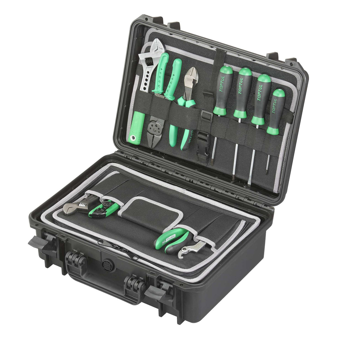 MAX430TC open with pliers and screwdrivers in the lid tool slots and more tools in the base insert