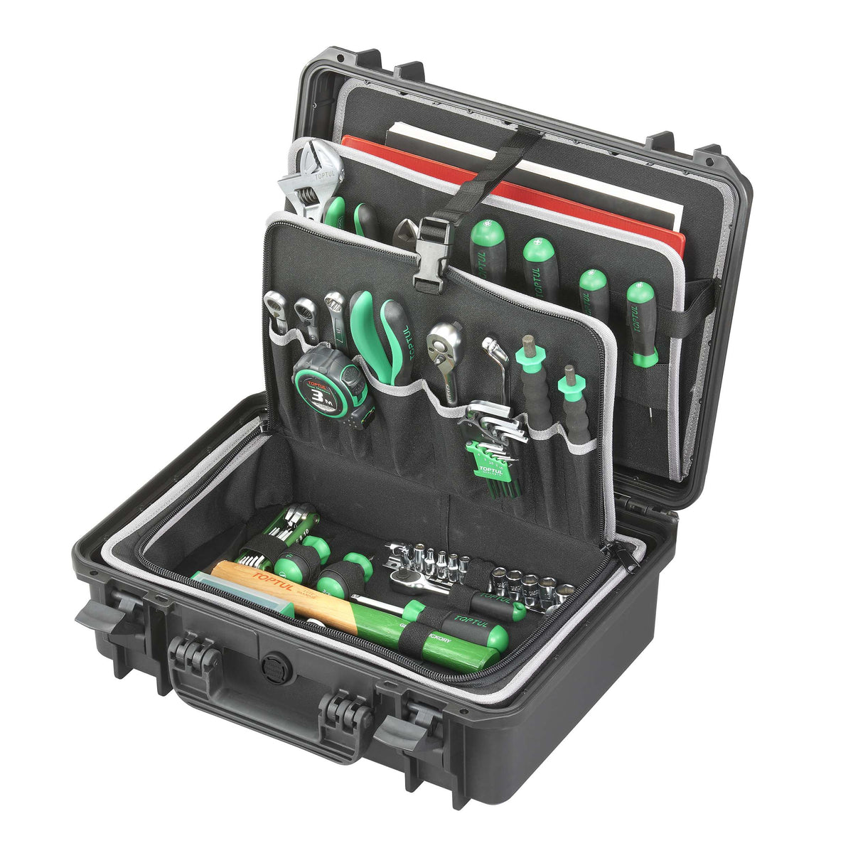 MAX430TC loaded with hand tools in the lid holders, documents in the lid pouch and a tool roll in the base