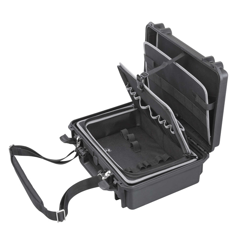 MAX430TC open and empty showing the hinged TC tool storage panels, photographed with a padded shoulder strap attached