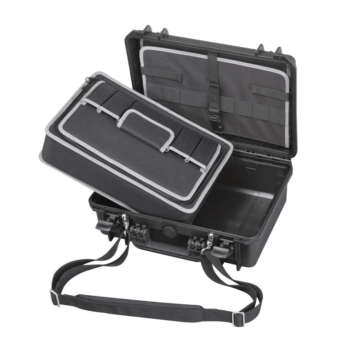 MAX430TC with the base insert lifted out on its handle and the lid pouch panel visible, shown with a shoulder strap