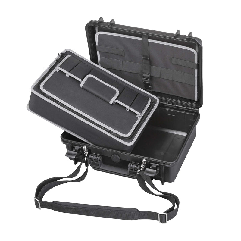 MAX430TC with the base insert lifted out on its handle and the lid pouch panel visible, shown with a shoulder strap