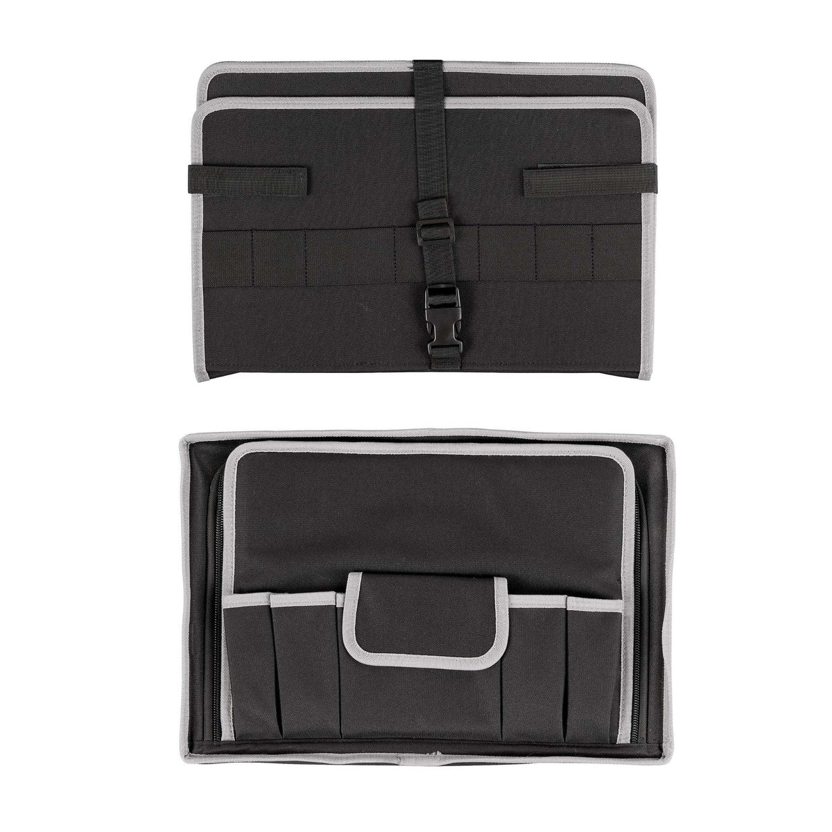 The TC tool storage insert out of the case: a folded fabric panel with buckle strap above the base tool holder
