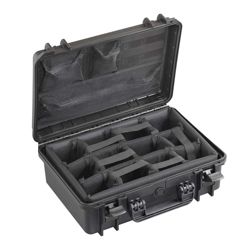 Open black MAX430CAMORG with a padded divider tray in the base and a zip mesh pocket organiser fitted in the lid
