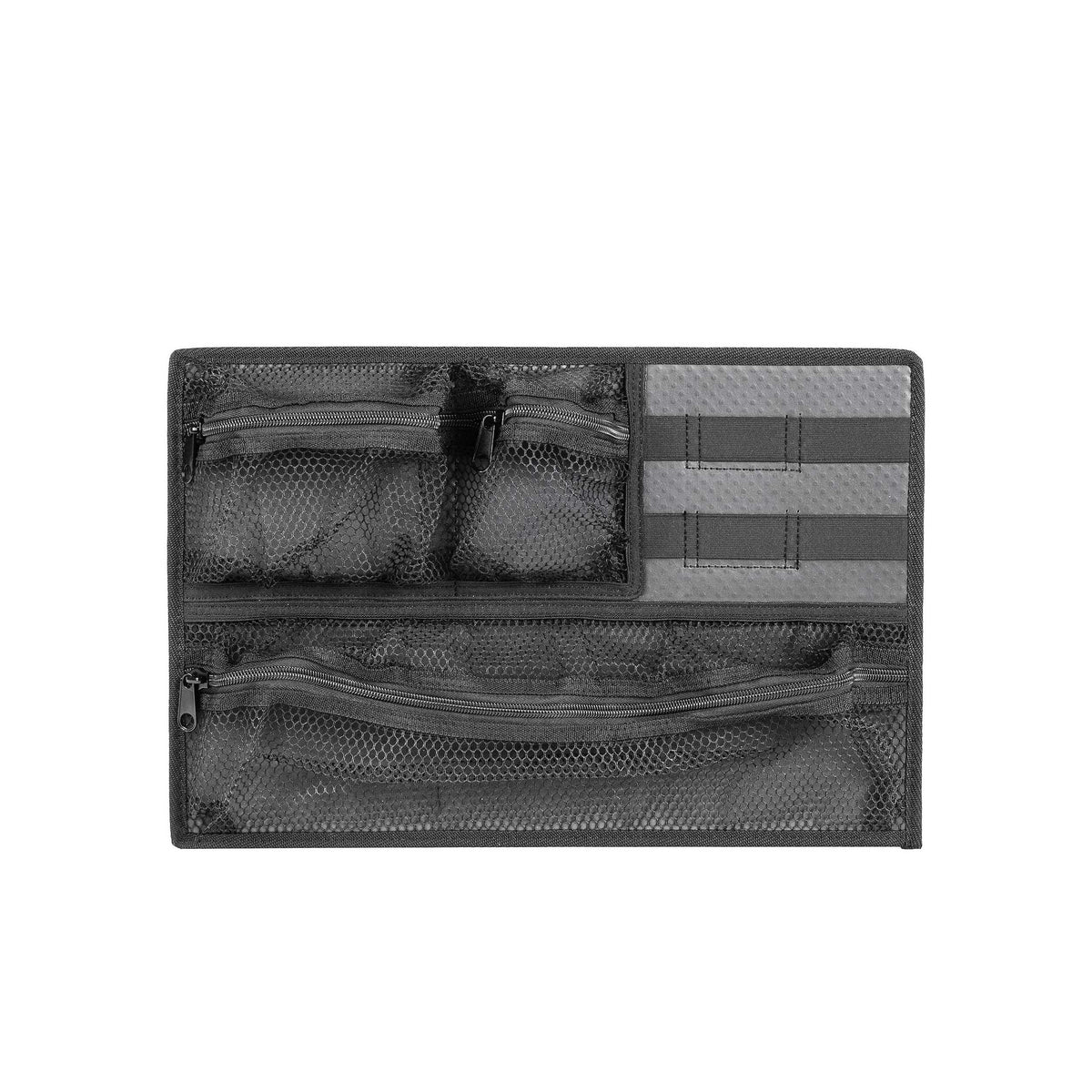 Front view of the MAX430 lid organiser showing the mesh pockets, zips and webbing strips